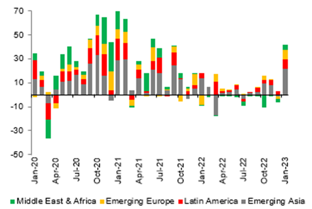 A SLOWDOWN IN DM RATES HIKES AND A FAVOURABLE OUTLOOK HAS LED TO A SURGE IN EM INFLOWS